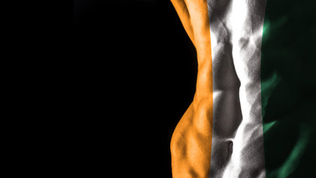 Ivory Coast flag on abs muscles national sport workout, bodybuilding concept, black background