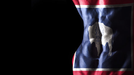Wyoming flag on abs muscles, Wyoming bodybuilding concept, black backgroundの写真素材