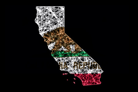 Map of California, Polygonal mesh line map, flag mapの写真素材