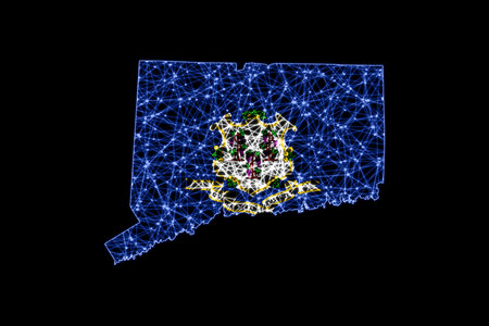 Map of Connecticut, Polygonal mesh line map, flag mapの写真素材