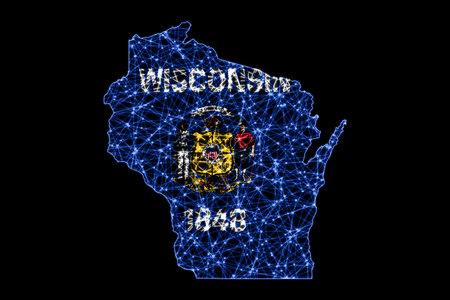 Map of Wisconsin, Polygonal mesh line map, flag mapの写真素材