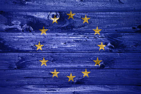 European Union flag on wooden planks background wood flagの写真素材