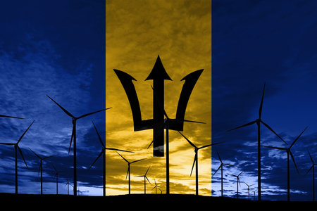 Barbados flag wind farm at sunset, sustainable development, renewable energy Wind Turbines