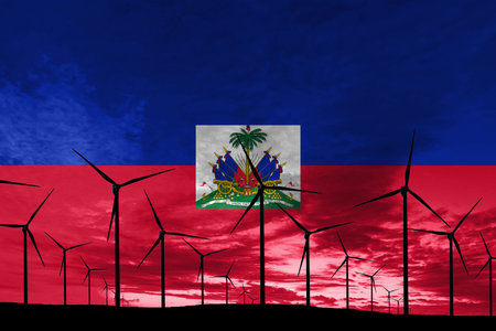 Haiti flag wind farm at sunset, sustainable development, renewable energy Wind Turbines