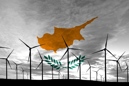 Cyprus flag wind farm at sunset, sustainable development, renewable energy Wind Turbinesの写真素材