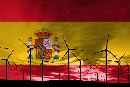 Spain flag wind farm at sunset, sustainable development, renewable energy Wind Turbines