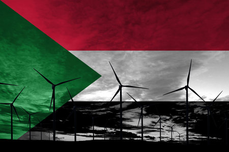 Sudan flag wind farm at sunset, sustainable development, renewable energy Wind Turbinesの写真素材