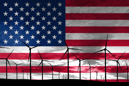 United States flag wind farm at sunset, sustainable development, renewable energy Wind Turbinesの写真素材