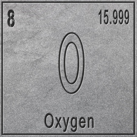 Oxygen chemical element, Sign with atomic number and atomic weight, Periodic Table Element, silver backgroundの写真素材