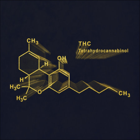 THC Tetrahydrocannabinol Structural chemical formula gold on dark backgroundの写真素材