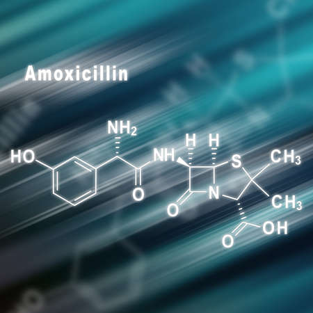 Amoxicillin, antibiotic drug, Structural chemical formula futuristic backgroundの写真素材