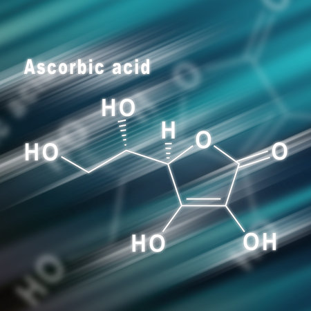 Ascorbic acid Structural chemical formula futuristic background