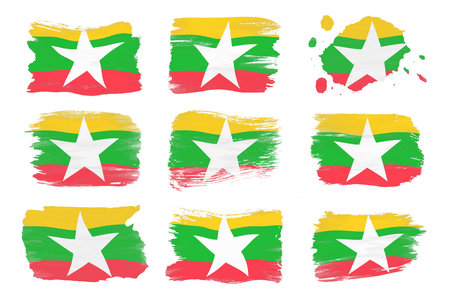 Myanmar flag brush stroke, national flag on white backgroundの写真素材