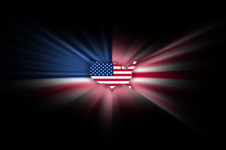 Map of United States, on black background, map with flag