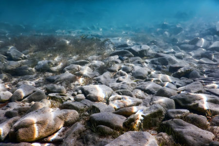 Rocks and Pebbles, pebbles below water surfaceの写真素材