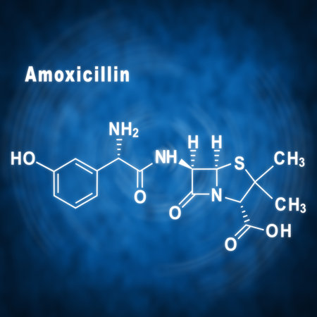 Amoxicillin, antibiotic drug, Structural chemical formula on a blue backgroundの写真素材