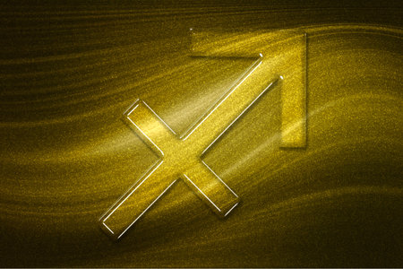 Sagittarius zodiac sign, gold background, Horoscope Astrology background, Sagittarius horoscope symbol, gold horoscopeの写真素材