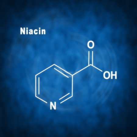 Niacin (nicotinic acid) molecule, vitamin B3 Structural chemical formula on a blue backgroundの写真素材