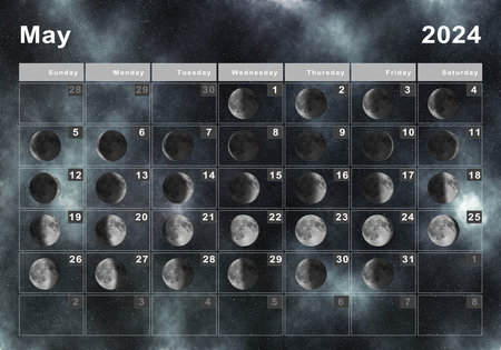 May 2024 Lunar calendar, Moon cycles, Moon Phasesの写真素材