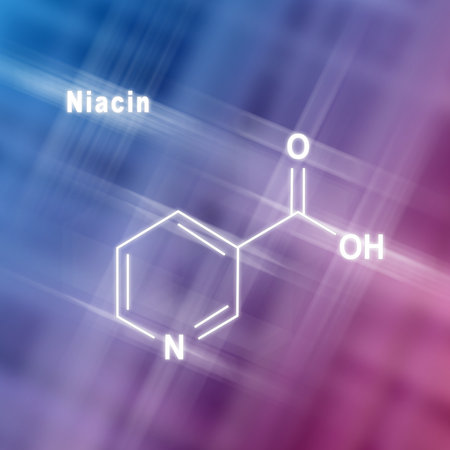 Niacin (nicotinic acid) molecule, vitamin B3 Structural chemical formula blue pink backgroundの写真素材