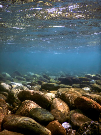 Rocks underwater on riverbed, rivers freshwater underwater, crystal clear water, pebbles on riverbedの写真素材