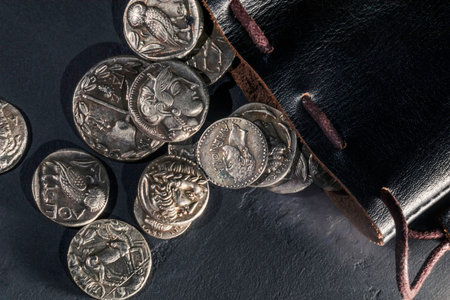 Leather pouch full of ancient silver coins treasure hoard