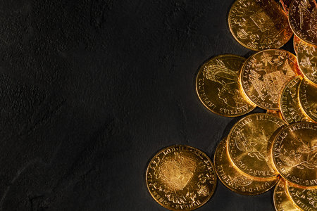 Austrian Gold Ducats Franz Joseph on Black Background, Investing in goldの写真素材