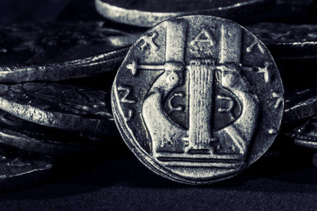 Ancient Greek Coin, Apollo Greek God of the Sun, Lyre, Silver 398 - 395 BCの写真素材