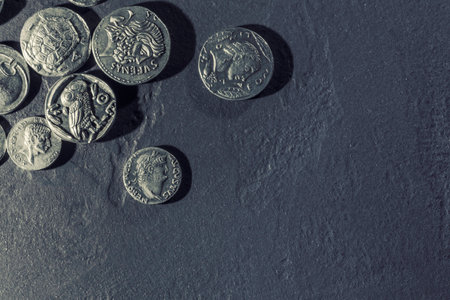 Pile of Ancient Silver Coins, Coins Backgroundの写真素材