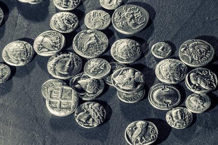 Pile of Ancient Silver Coins, Coins Backgroundの写真素材