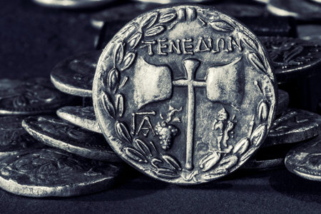 Ancient Greek Coin, Tenedos, Drachm, Janiform Head, Labrys, Hermes, Silver, 100-70 BCの写真素材