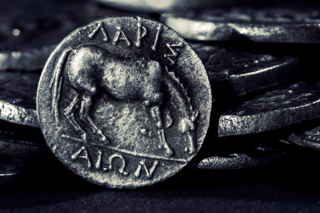 Ancient Greek Coin, Thessaly, Larissa, Head of the nymph Larissa, Horse grazing, Silver 380-365 BCの写真素材