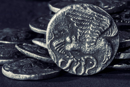 Ancient Greek Coin, Nike with open wings, Eagle with open wings, snake in his beak, Silver Tetradrachm 470 BCの写真素材