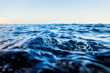 Sea wave close up, low angle view water backgroundの写真素材