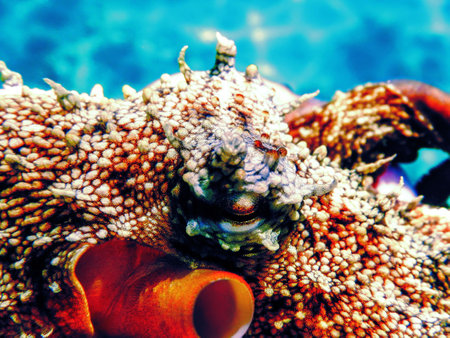 Close-up View of a Common Octopus (Octopus vulgaris) Underwaterの写真素材