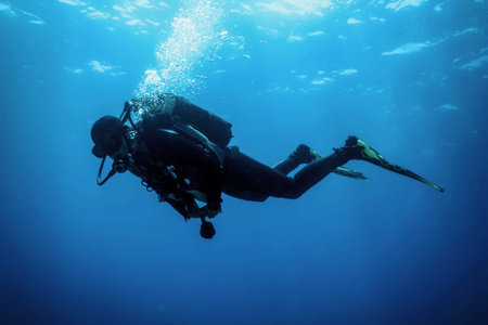 Scuba Diver Water Surface Blue Seaの写真素材