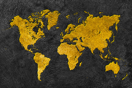 World Map in Gold Grunge Style on Black Backgroundの写真素材