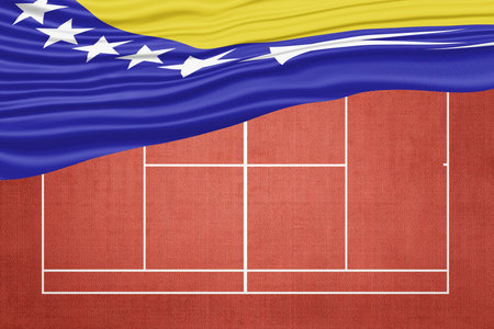 Bosnia and Herzegovina Flag on Clay Tennis Court, Sports Symbolの写真素材