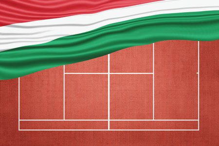 Hungary Flag on Clay Tennis Court, Sports Symbolの写真素材