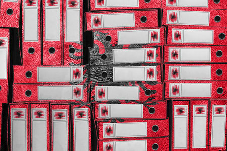 Albania Flag Colors Folder Stack, Bureaucracy and Government Administration Concep