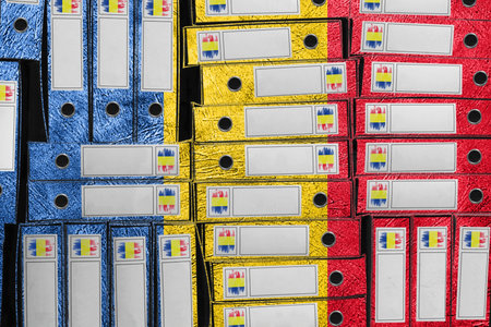 Romania Flag Colors Folder Stack, Bureaucracy and Government Administration Concep