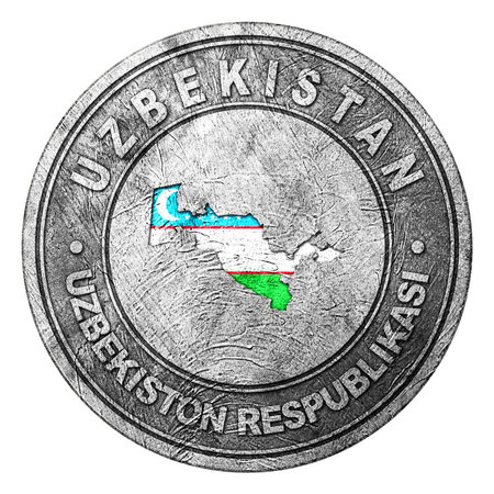 Uzbekistan Flag Button with Map, Coin Styleの写真素材