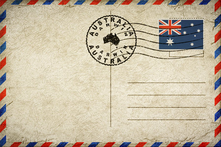 Australia Darwin Vintage Air Mail Envelope with Flag and Postmarkの写真素材
