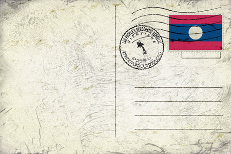 Laos Vientiane Old Style Mail Envelope with Flag and Postmarkの写真素材
