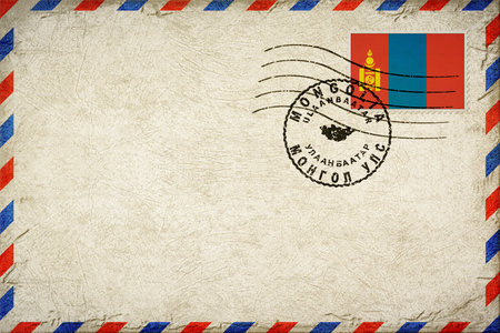 Mongolia Ulaanbaatar Vintage Air Mail Envelope with Flag and Postmarkの写真素材