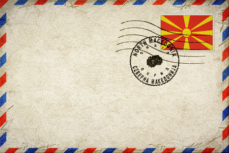 North Macedonia Ohrid Vintage Air Mail Envelope with Flag and Postmarkの写真素材