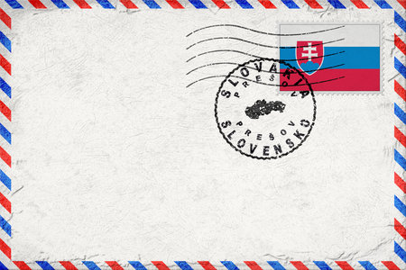 Slovakia Presov Vintage Air Mail Envelope with Flag and Postmarkの写真素材