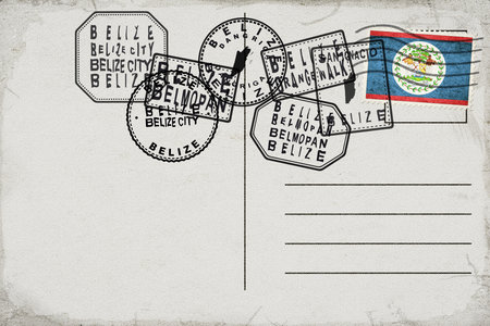 Belize Vintage Postcard with Flag Stamp and City Postmarksの写真素材