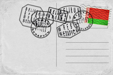 Belarus Vintage Postcard with Flag Stamp and City Postmarksの写真素材
