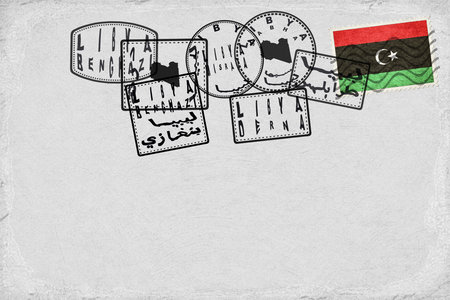 Libya Vintage Postcard with Flag Stamp and City Postmarksの写真素材